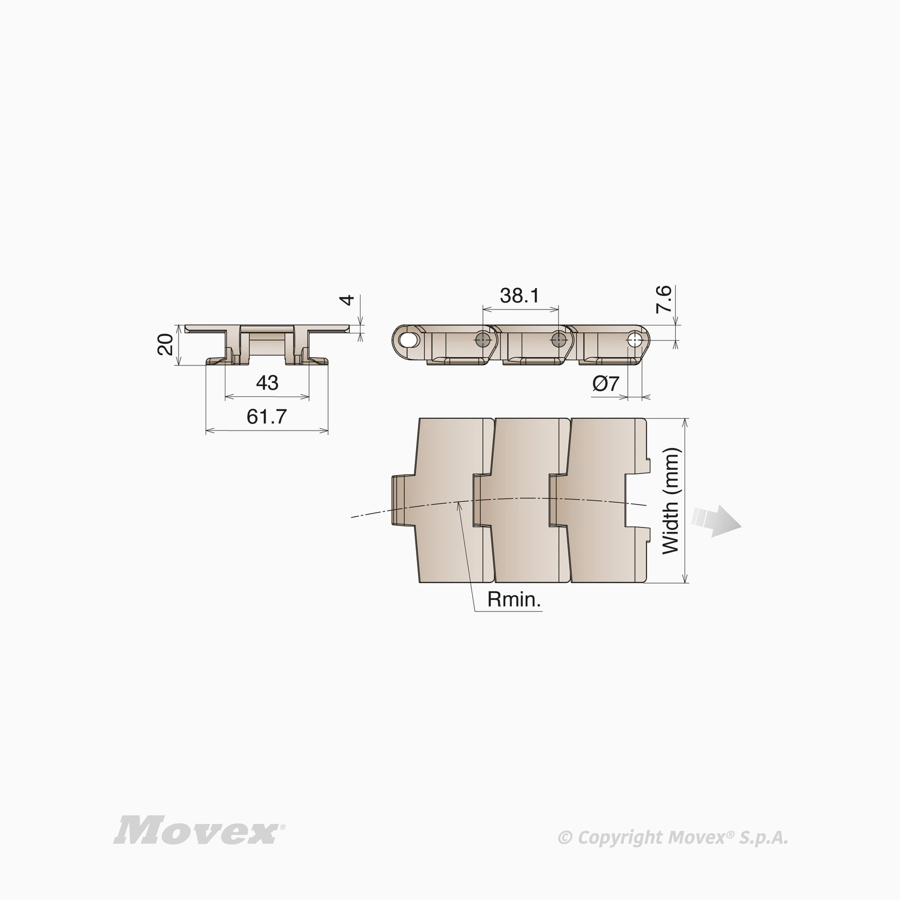 Пластиковая пластинчатая конвейерная цепь Movex 880 TAB Flat Top Plastic pin — фото 1