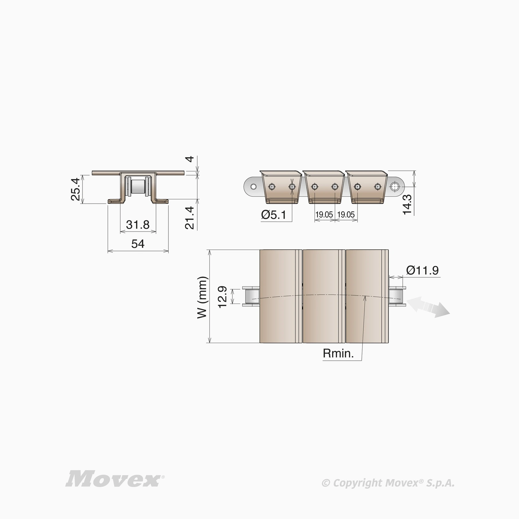 Пластиковая пластинчатая конвейерная цепь Movex 1863 TAB Flat Top — фото 1